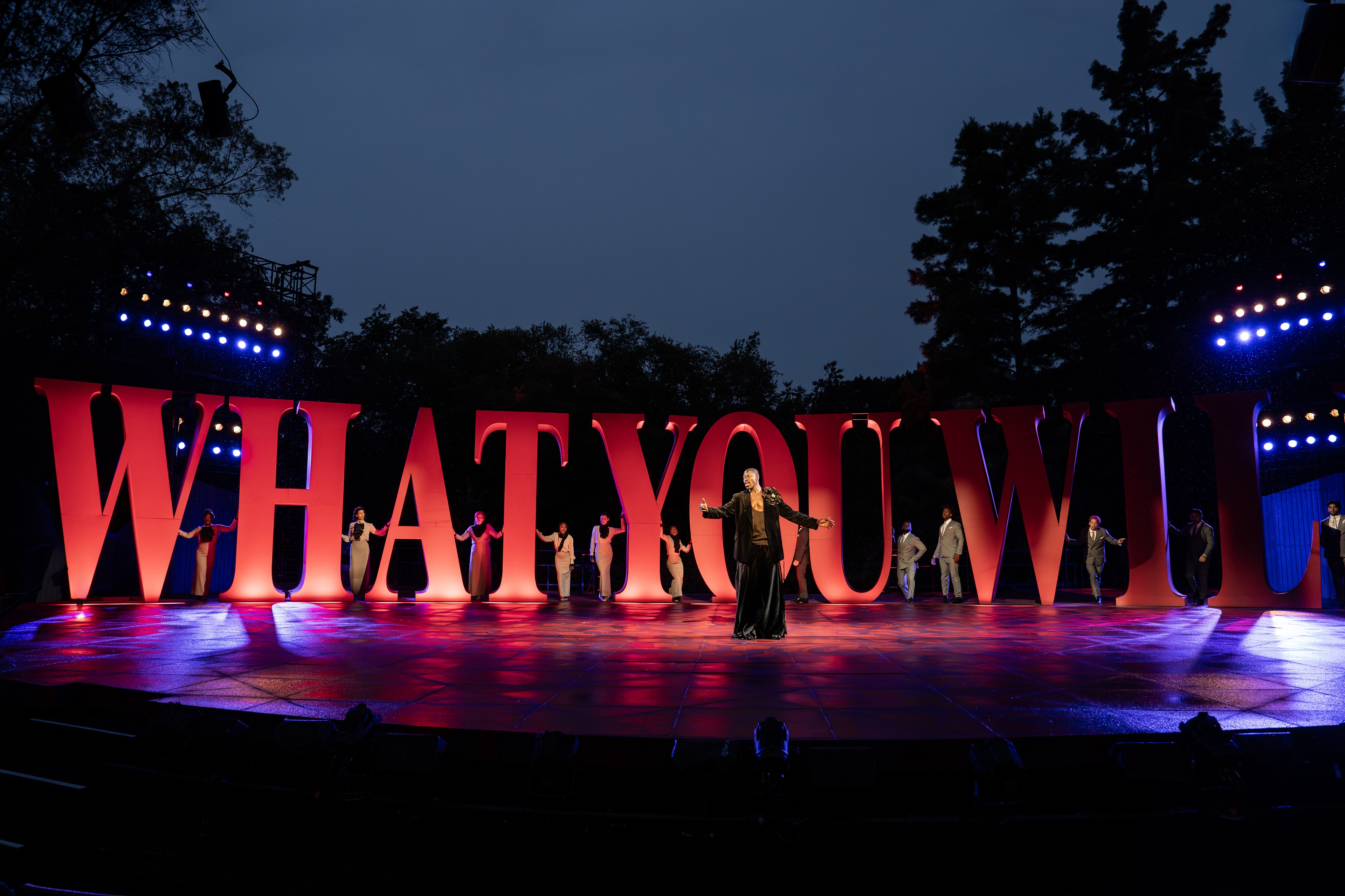 Moses Sumney in the Free Shakespeare in the Park production of TWELFTH NIGHT, directed by Saheem Ali, which has reopened the revitalized Delacorte Theater and runs through September 14. Photo credit: Joan Marcus.