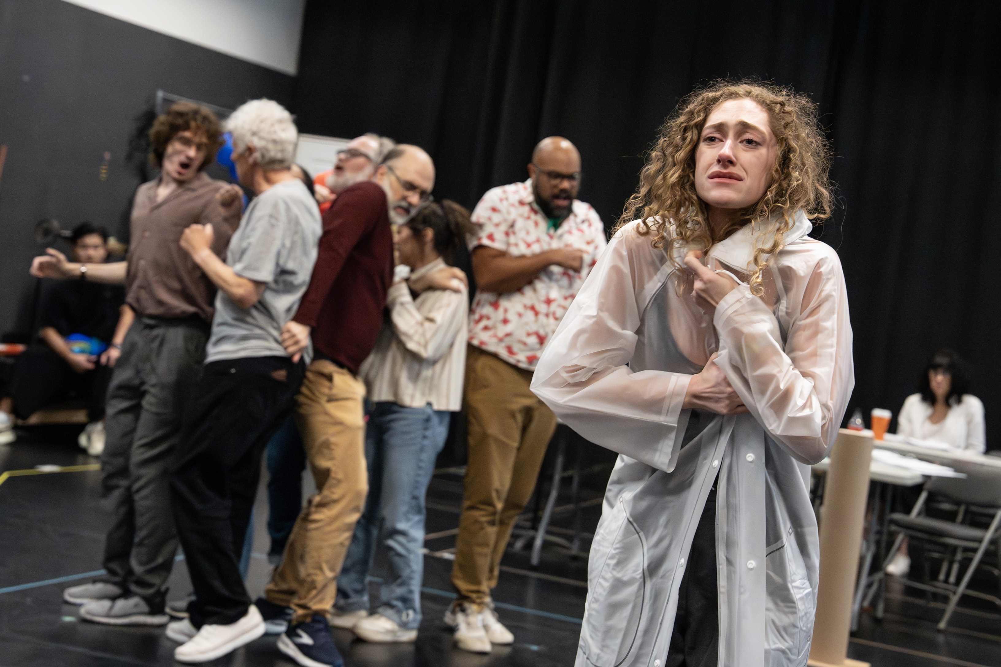 Micaela Diamond (foreground) and the company in rehearsal for THE SEAT OF OUR PANTS, a world premiere musical adaptation of The Skin of our Teeth by Thornton Wilder, adapted by Ethan Lipton and directed by Leigh Silverman, at The Public Theater. Photo credit: Joan Marcus. 