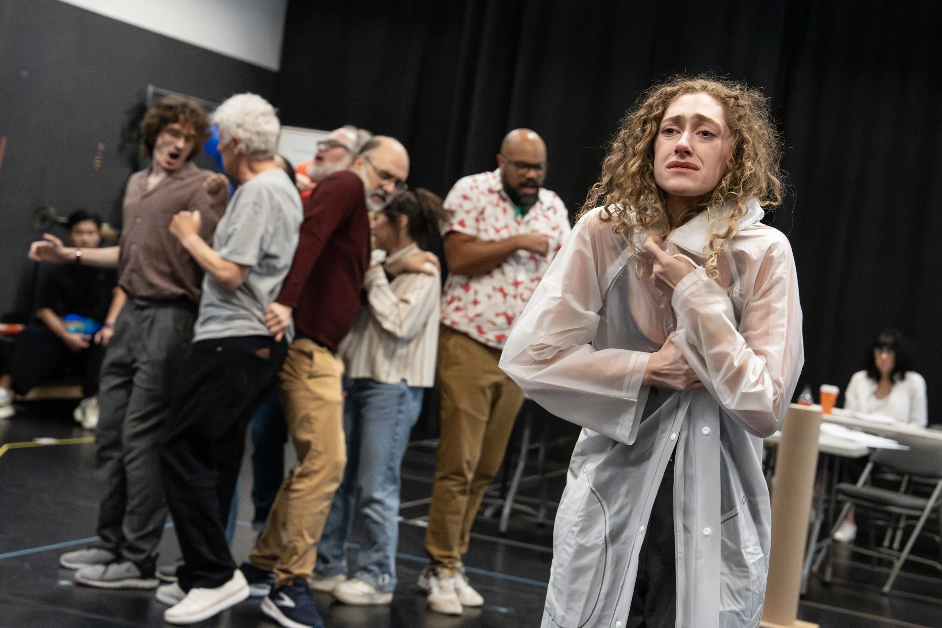 Micaela Diamond (foreground) and the company in rehearsal for THE SEAT OF OUR PANTS, a world premiere musical adaptation of The Skin of our Teeth by Thornton Wilder, adapted by Ethan Lipton and directed by Leigh Silverman, at The Public Theater. Photo credit: Joan Marcus. 