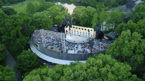 Drone flying over the Delacorte Theater