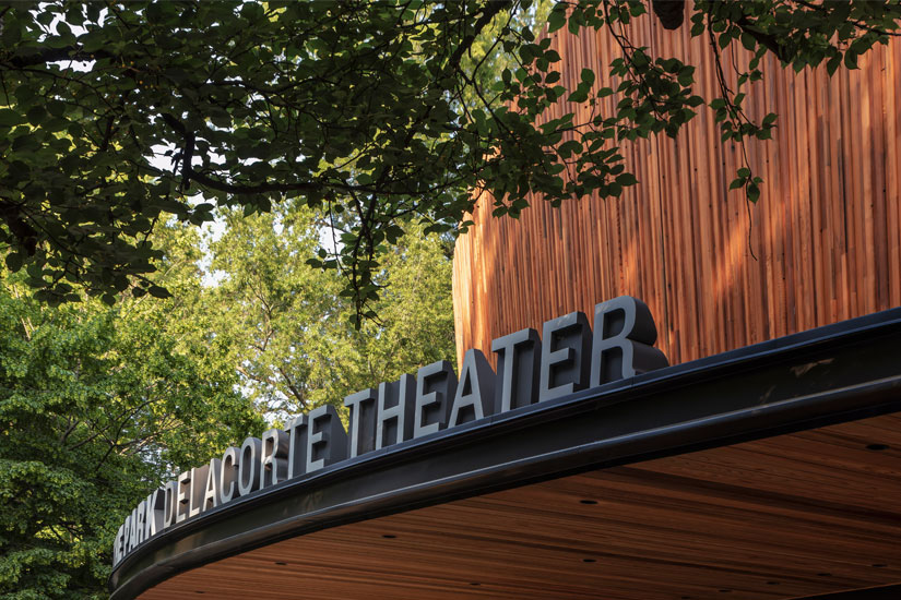Close up of the FREE SHAKESPEARE IN THE PARK DELACORTE THEATER sign on The Delacorte Theater