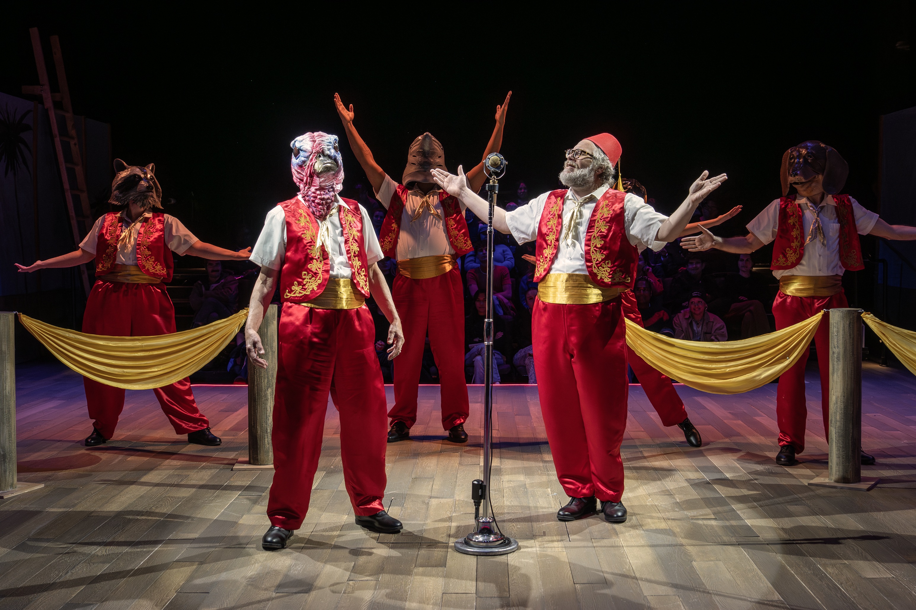 Bill Buell, Andy Grotelueschen, and the company of The Seat of Our Pants at The Public Theater. Photo Credit: Joan Marcus